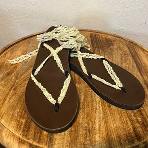Sseko Designs Genuine Leather Black Lace Ribbon Wrap Up Sandals size 9